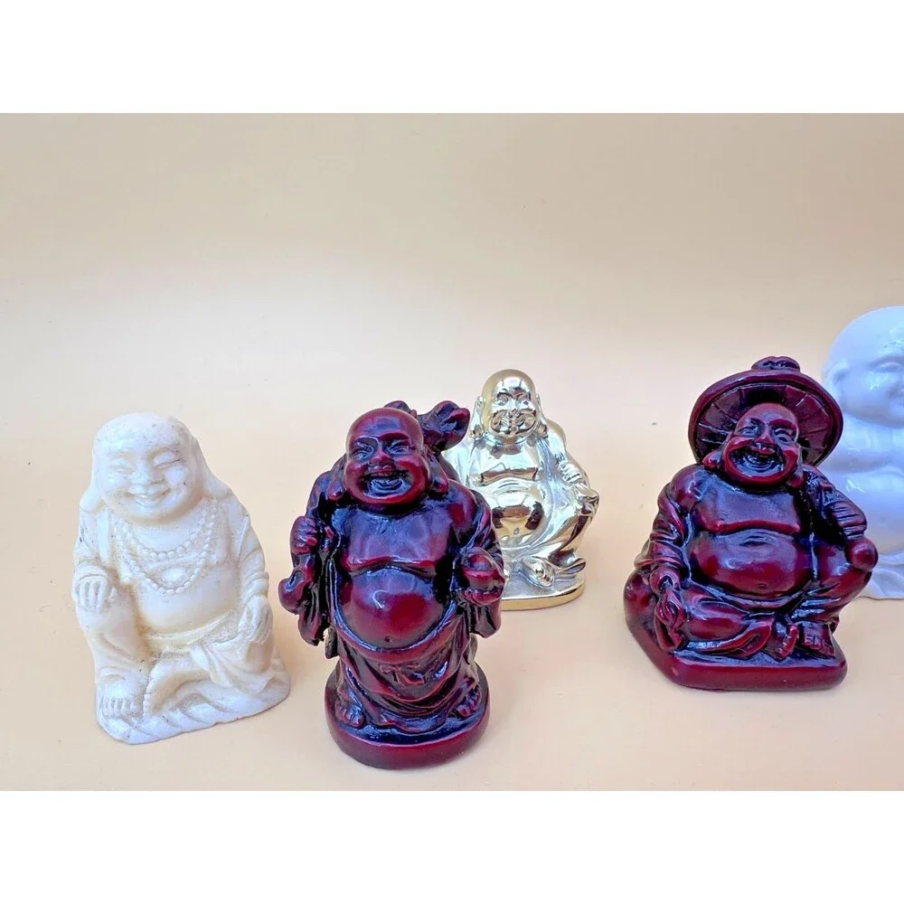 Lot of 8 Miniature Buddha and Happy Buddha Figurines - Stone, Resin, Ceramic